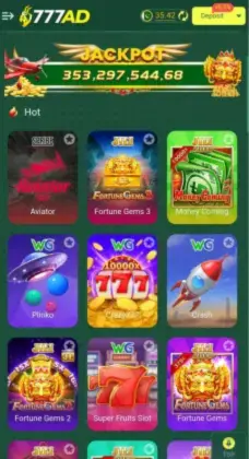 Screenshot of 777AD game interface showing slot games and blockchain games.