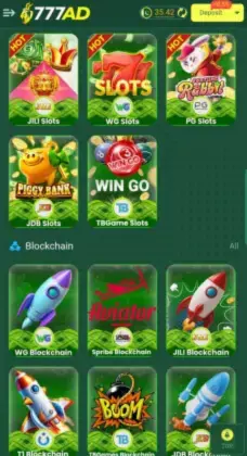 Screenshot of 777AD game interface showing slot games and blockchain games.