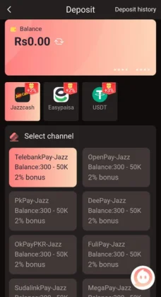 92Star Game deposit screen with Rs0.00 balance, offering JazzCash, Easypaisa, and USDT deposit options.