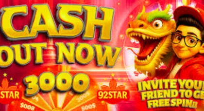92Star Game cash out now banner with 3000 bonus and free spins invite friends offer