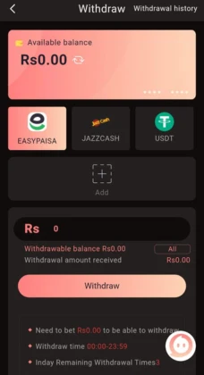 92Star Game withdraw screen showing Rs0.00 balance with Easypaisa, JazzCash, and USDT withdrawal options.