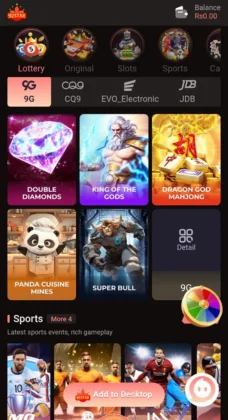 92Star Game casino and sports menu featuring Double Diamonds, King of the Gods, Dragon God Mahjong, Panda Cuisine Mines, Super Bull, and live sports betting
