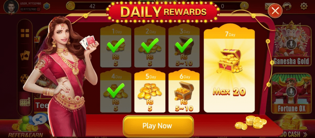 A2 Game daily rewards screen showing 7-day login bonuses with coins, cash prizes, and a treasure chest reward.