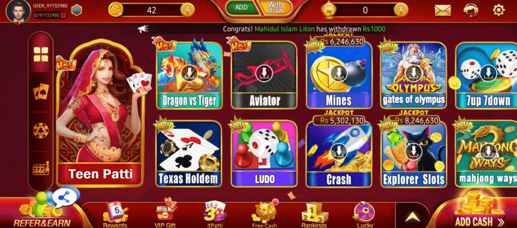 A2 Game main menu showing Teen Patti, Mines, Explorer Slots, Fortune Tiger, Ganesha Gold, Gates of Olympus, Mahjong Ways, Fortune Rabbit, Fortune Mouse, and Fortune Ox.