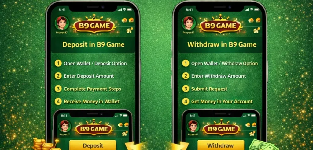B9 Game: Download The Real Earning APP In Pakistan 2026 3 How to Deposit and Withdraw in B9 Game guide image showing two mobile screens with wallet deposit steps and withdrawal process on green background