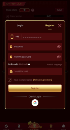 Dream17 game registration screen showing fields for mobile number, password, confirm password, invite code, privacy agreement checkbox, and options for register or quick login with Google.