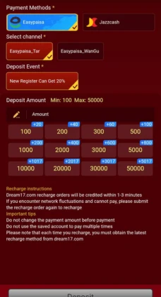 Dream17 payment methods screen with Easypaisa and JazzCash recharge options.