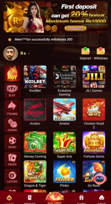 Dream17 main menu screenshot showing deposit and withdraw options, first deposit bonus offer, and popular games including KoolBet, Evolution Gaming, JILI Games, Aviator, Chicken Road, Money Coming, Super Ace, Fortune Gems, Dragon & Tiger, Plinko, and Go Rush.