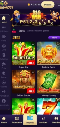 HAHA777 Game JILI Slots section displaying various slot games like Super Ace, Fortune Gems, Golden Empire, Crazy777, Fortune Gems 2, Ali Baba, Money Coming, Charge Buffalo, Mines, Wild Ace, and Jackpot Bingo.