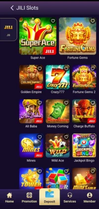 HAHA777 Game JILI Slots section displaying various slot games like Super Ace, Fortune Gems, Golden Empire, Crazy777, Fortune Gems 2, Ali Baba, Money Coming, Charge Buffalo, Mines, Wild Ace, and Jackpot Bingo.