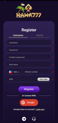 HAHA777 Game registration screen showing fields for username, password, confirm password, real name, mobile number, and SMS verification, with options to register or connect via Google.