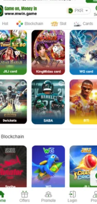 Mwin Game main menu screenshot showing casino, slot, and card games