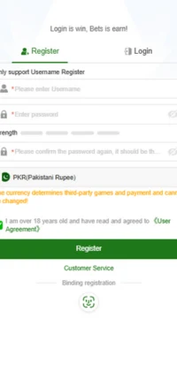 Mwin Game registration page showing username, password, and login options
