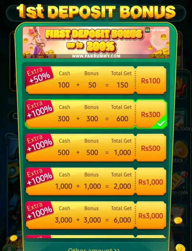 Pak Rummy first deposit bonus offer showing extra up to 200% rewards on different cash deposits.