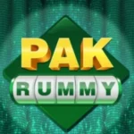 Pak Rummy game logo with bold yellow and green text on a digital background.