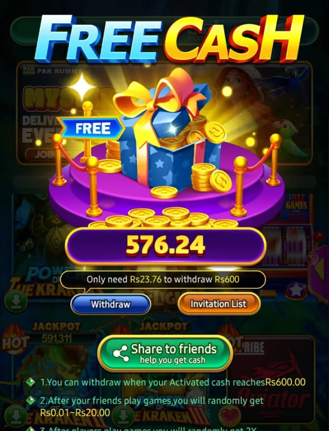 Pak Rummy free cash reward screen showing 576.24 PKR balance with withdraw and share options.