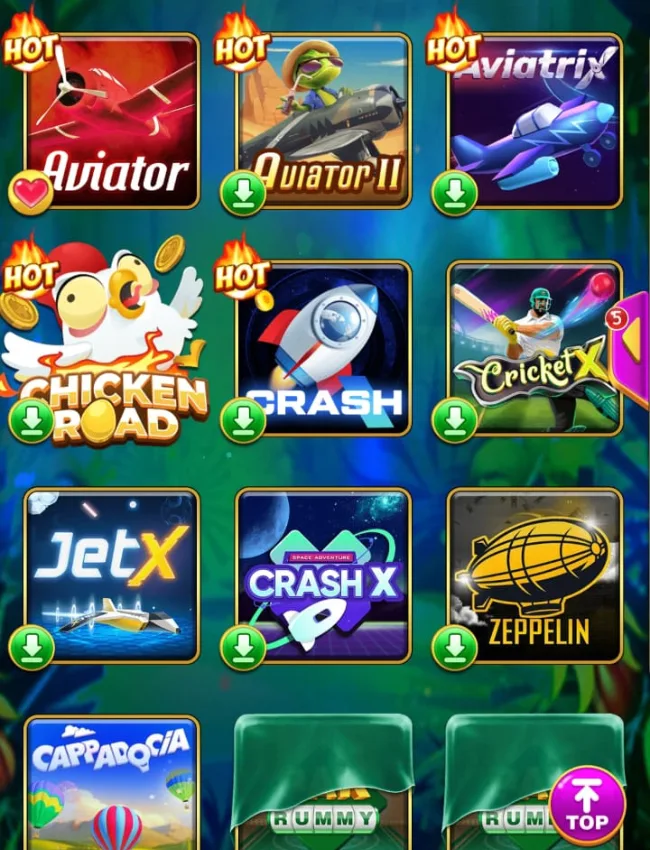 Pak Rummy game menu showing Aviator, Cricket X, Chicken Road, JetX, Crash, and other popular games.