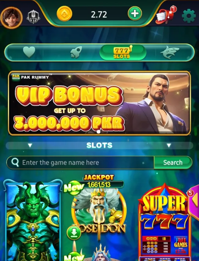 Pak Rummy slots game interface showing VIP bonus offer and slot machine options.