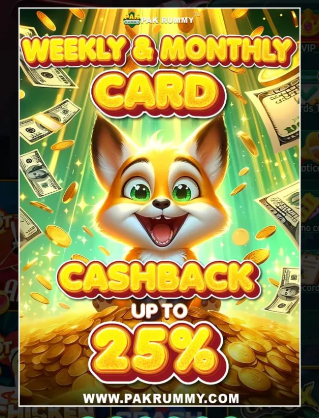 Pak Rummy weekly and monthly card cashback offer up to 25% with cute cartoon fox, coins, and dollar bills.