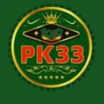 PK33 logo with crown, poker chips, and gold border design.