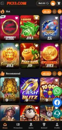 PK33 main games screen showing popular slot games and promotions.