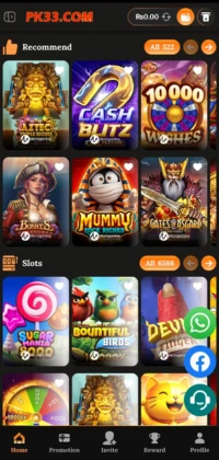 PK33 main games screen showing popular slot games and promotions.