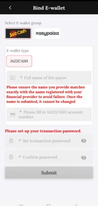 PK33 JazzCash and Easypaisa wallet binding and withdrawal interface showing e-wallet setup fields, account details, and transaction password option.