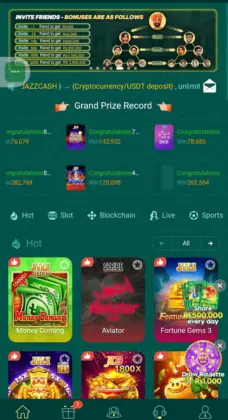 PK365 app main screen showing grand prize records, invite friend bonuses, and popular games like Money Coming, Aviator, and Fortune Gems 3.