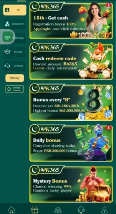 PK365 app rewards screen showing various bonuses including registration cash, redeem code, daily bonus, and mystery bonus.
