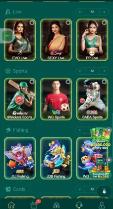PK365 game menu showing live casino, sports betting, and fishing games