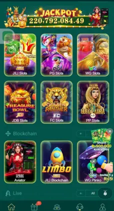 PK365 mobile game interface showing slot games, blockchain games, and jackpot banner