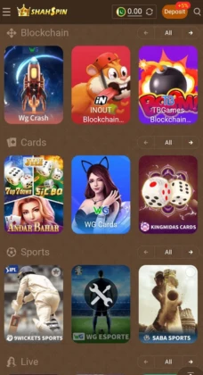 ShahSpin Game app screenshot showing different categories like Blockchain, Cards, and Sports with popular titles such as WG Crash, Andar Bahar, and WG Esports