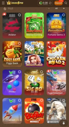 ShahSpin Game main menu showing popular slot and casino games like Aviator, Money Coming, Fortune Gems, Piggy Bank, Andar Bahar, Sic Bo, Chicken Road 2, Plinko, Dragon Tiger, Crash, Mines, and 9 Wickets.