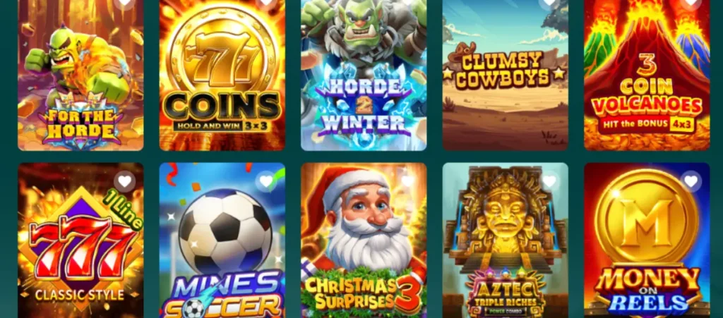 WE999 game main menu screenshot showing various colorful slot and arcade game icons like For the Horde, 777 Coins, Horde 2 Winter, Clumsy Cowboys, 3 Coin Volcanoes, Classic Style 777, Mines Soccer, Christmas Surprises, Aztec Triple Riches, and Money on Reels.