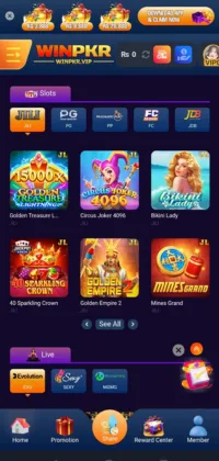 Winpkr Game app interface showing slot games and features
