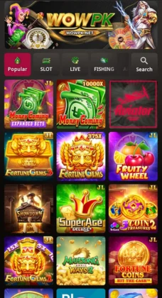 WOWPK game main menu interface showcasing various popular slot, live, and fishing games such as Money Coming, Fortune Gems, Fruity Wheel