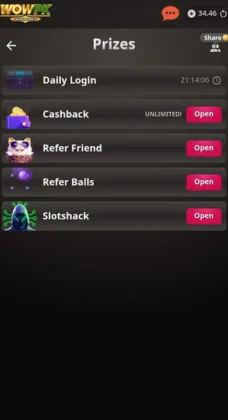 WOWPK game wallet setup screen showing the prize and promotion interface