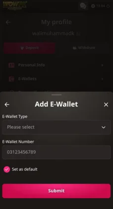 WOWPK game wallet setup screen showing the “Add E-Wallet” interface with options to select E-Wallet type, enter E-Wallet number, set as default, and submit for deposits and withdrawals.