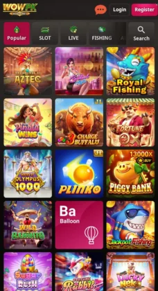 WOWPK game main menu interface showcasing various popular slot, live, and fishing games such as Money Coming, Fortune Gems, Fruity Wheel, Super Ace, Coin Treasure, Aztec, Royal Fishing, Piggy Bank, and Plinko, with vibrant and colorful icons.
