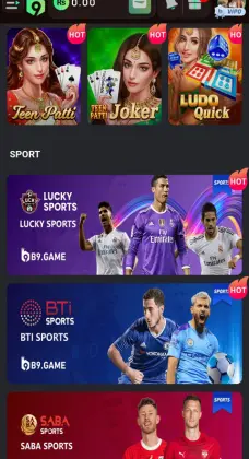 B9 Game app screenshot showing hot games, live casino, and slot options