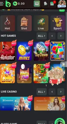 B9 Game app screenshot showing hot games, live casino, and slot options