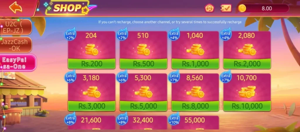 3 Patti OK – In-game deposit shop screen showing different recharge options with coins and bonus percentages using JazzCash, EasyPaisa, and U2C payment methods.