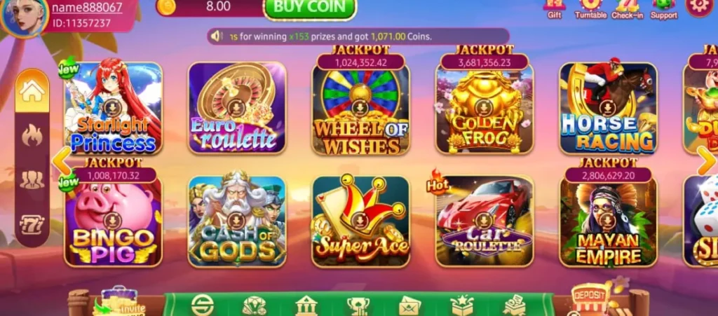 3 Patti OK games menu showing Starlight Princess, Euro Roulette, Wheel of Wishes, Golden Frog, Horse Racing, Bingo Pig, Cash of Gods, Super Ace, Car Roulette, and Mayan Empire