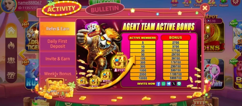 3 Patti OK Refer and Earn bonus screen with agent team active bonus details