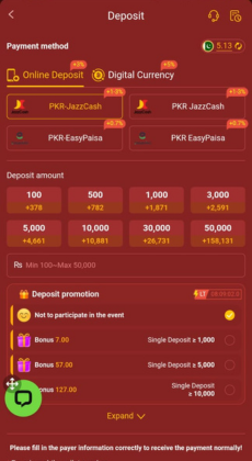 777Tez Game deposit page showing payment methods like JazzCash, EasyPaisa, and deposit amounts ranging from PKR 100 to PKR 50,000 with available bonuses.