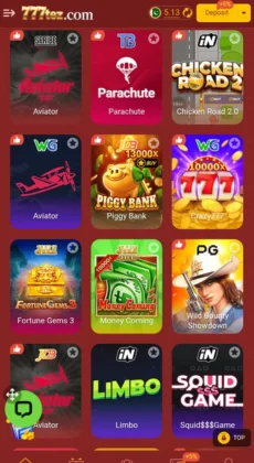 777Tez Game app screenshot showing popular casino-style games like Aviator, Parachute, Chicken Road, Piggy Bank, Crazy 777, Fortune Gems, Money Coming, and more.