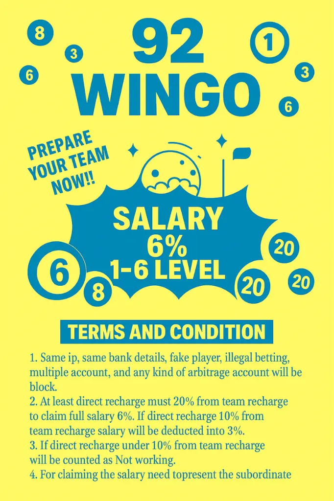 Promotional poster for "92 Wingo" game showing salary bonus details, levels, and terms and conditions.