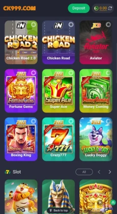 CK999 game lobby showing popular games like Chicken Road, Aviator, Fortune Gems, Super Ace, Money Coming, Boxing King, Crazy777, and Lucky Doggy.