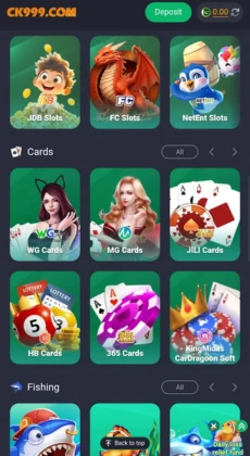 CK999 game menu showing slots, card games, and fishing games including JDB Slots, FC Slots, NetEnt Slots, WG Cards, MG Cards, JILI Cards, HB Cards, 3DS Cards, and Dragon Soft.