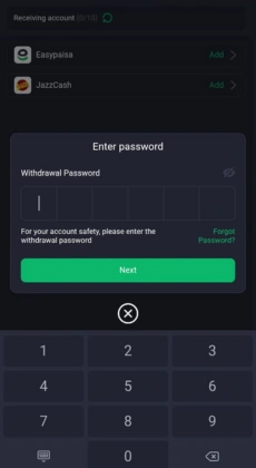 CK999 withdrawal password screen with Easypaisa and JazzCash options